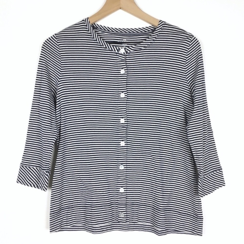 TALBOTS Cardigan Sweater Pima Cotton Stripe 3/4 Sleeves Minimalist Petite Medium